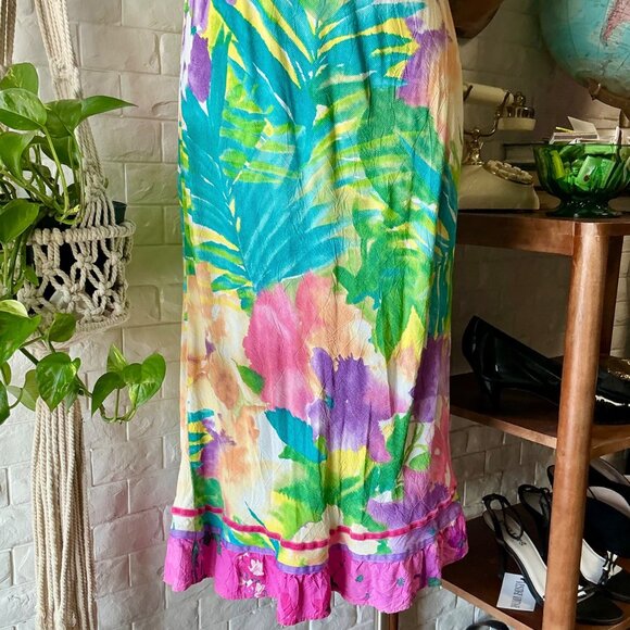 Vintage Jams World Tropical Orchid Floral Midi Sun Dress + Ribbon Hem Detail - Picture 5 of 12